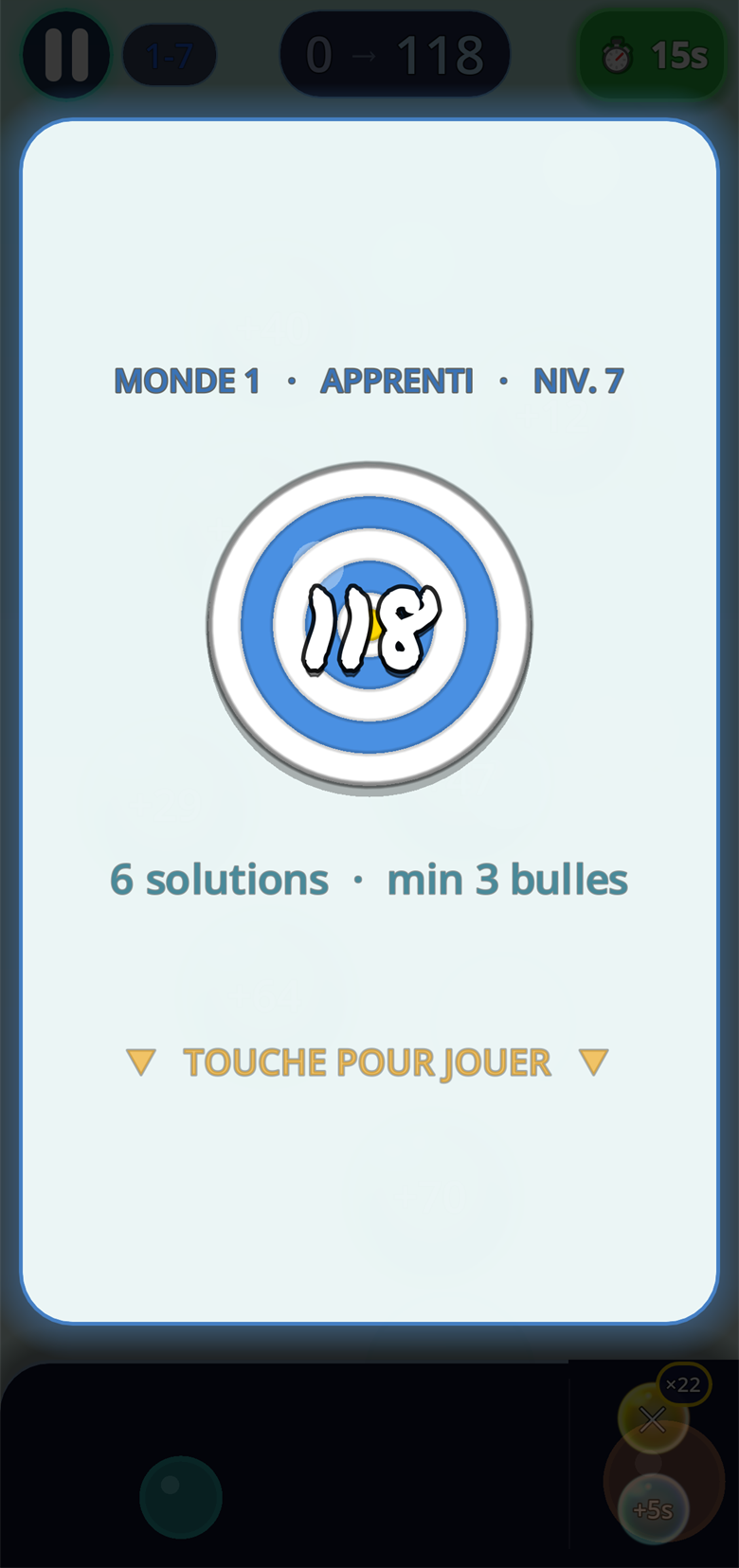 Écran d'introduction d'un niveau : Monde 1, Apprenti, cible à atteindre et nombre de solutions