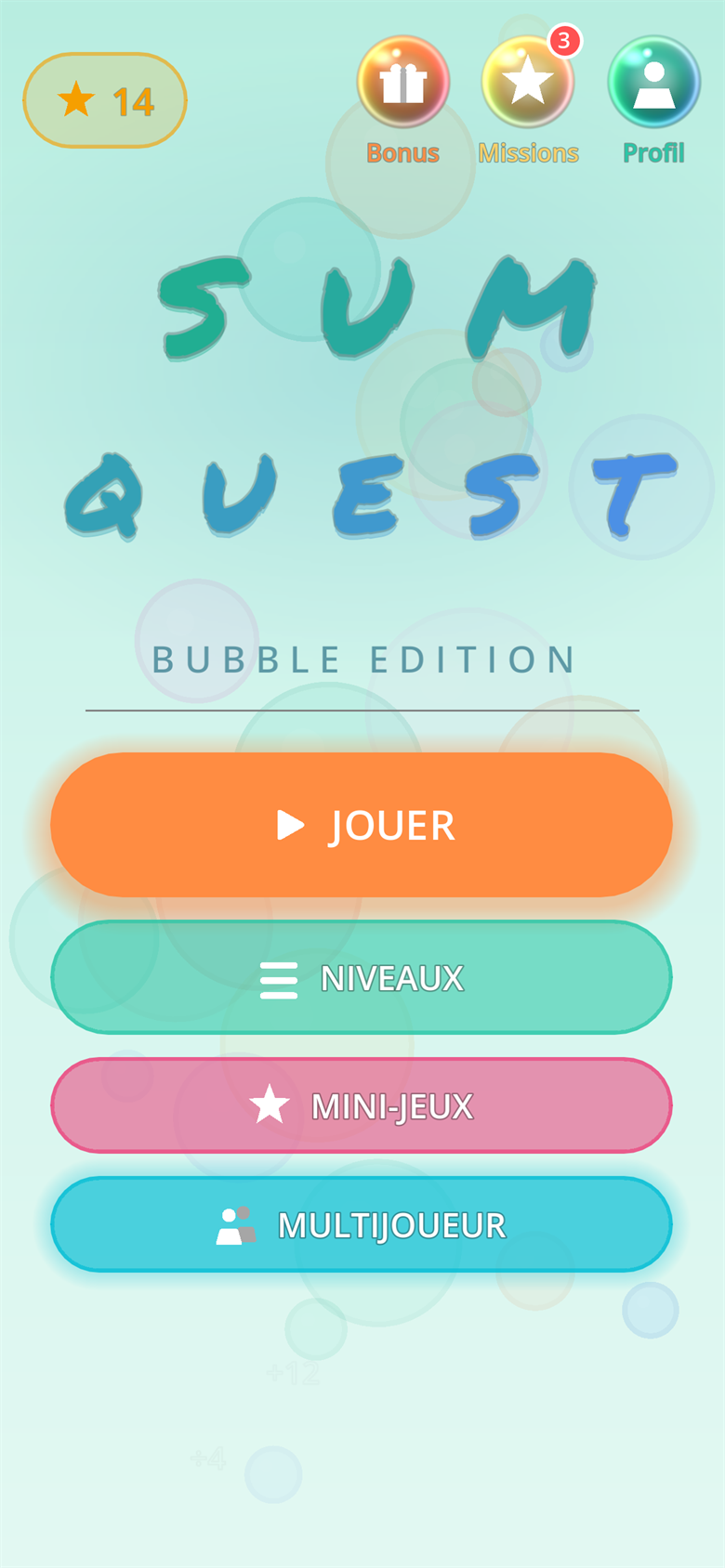 Écran d'accueil de Sum Quest : Bubble Edition avec les boutons Jouer, Niveaux, Mini-jeux et Multijoueur